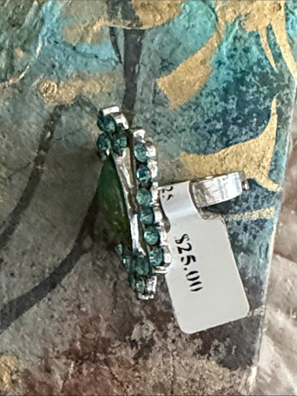 Ring adjustable blue crystal fantasy marquis green faceted center silver tone
